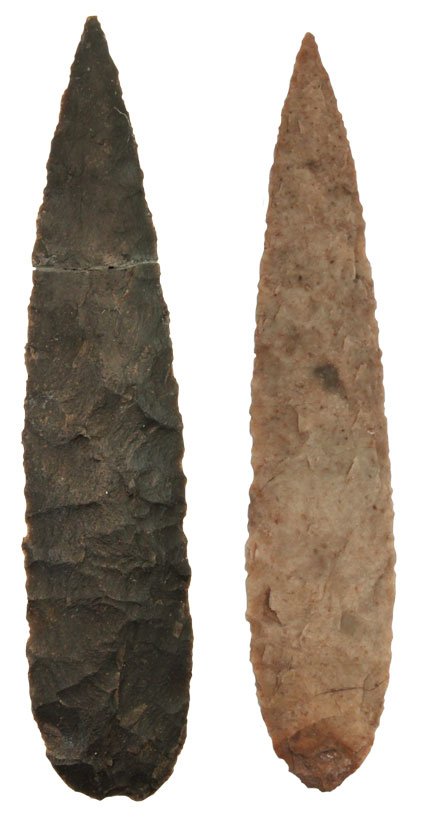 Two Willow Leaf Points. Pictured in 1937: Two Willow Leaf Points. 2 3/16"-2 5/16". Pictured in the Payne Collection, p95 (2nd row, 2nd from right and 3rd row, 2nd from left). Larger is glued. Thin and well made. From Earl Townsend’s well-kn