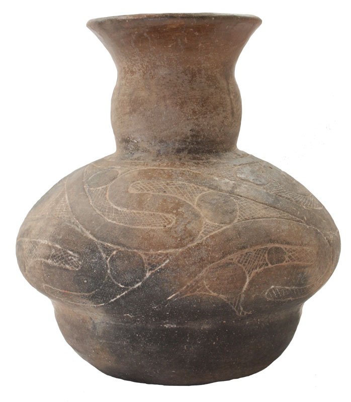 Hodges Engraved Caddo Bottle. Davis COA: 5" Hodges Engraved Caddo Bottle. Lafayette Co, AR. Solid bowl, minor repairs to this delicate and well balance example. Ex-Dr. Kent Westbrook. Davis COA