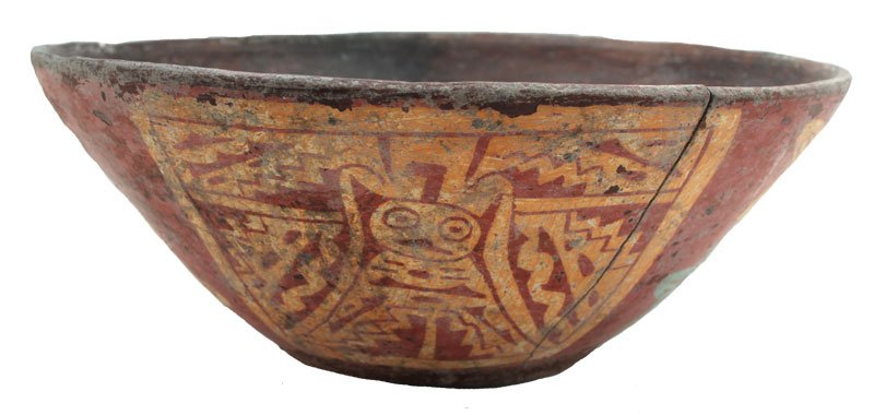 8 7/8" D. Fine shallow bowl; flat bottom, wide flaring: 8 7/8" D. Fine shallow bowl; flat bottom, wide flaring sides and flat rim. Turquoise blue and orange post-fired painted panels with stars and faces on black exterior; Interior plain brown. Pressure cr