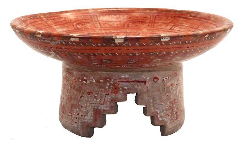 7" D. Tripod molcajete with red-on-light-red lines on: 7" D. Tripod molcajete with red-on-light-red lines on the tondo; no interior incising. Thin, flat step legs. White, black, brown paint on orange and buff surface. Ticoman; Mexico. 300-100 B.C. 1986 Do