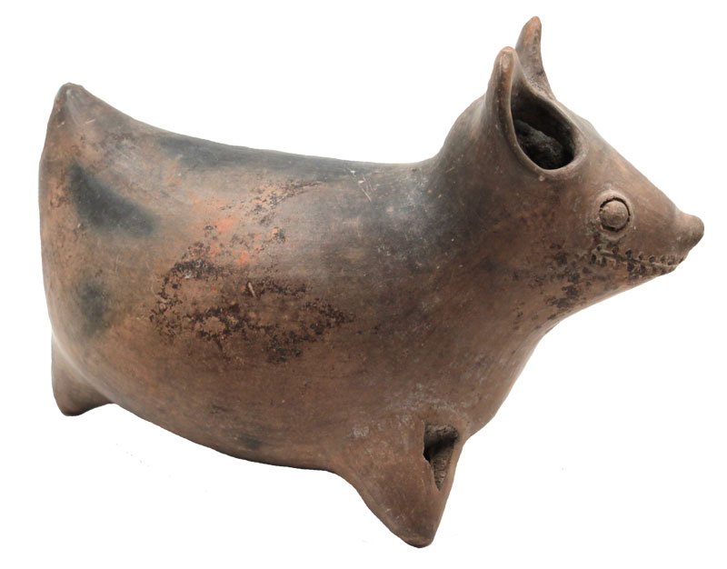 6 7/8" Modeled zoomorphic tripod grayware animal effigy: 6 7/8" Modeled zoomorphic tripod grayware animal effigy (dog?). One leg lost. Michoacan. 1986 Dockstader Appraisal. PreColumbian