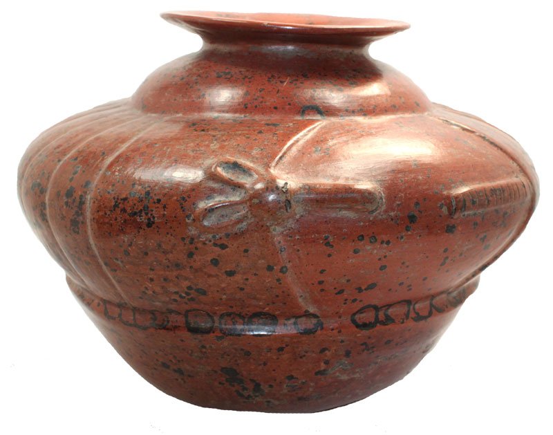 11 5/8" D. Very fine Burnished Redware Composite Bowl;: 11 5/8" D. Very fine Burnished Redware Composite Bowl; rounded body, contricted neck, short flaring rim. Secondary bowl base. Design of two armadillos around exterior. Some magnesite deposit on surfac