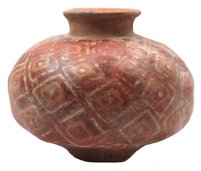7" D. Globular Nayarit Redware Bowl, knobby surface;: 7" D. Globular Nayarit Redware Bowl, knobby surface; white-red-and-maroon paint. Nayarit. MX. 100 BC to 500 AD. 1977 Dockstader Appraisal. PreColumbian