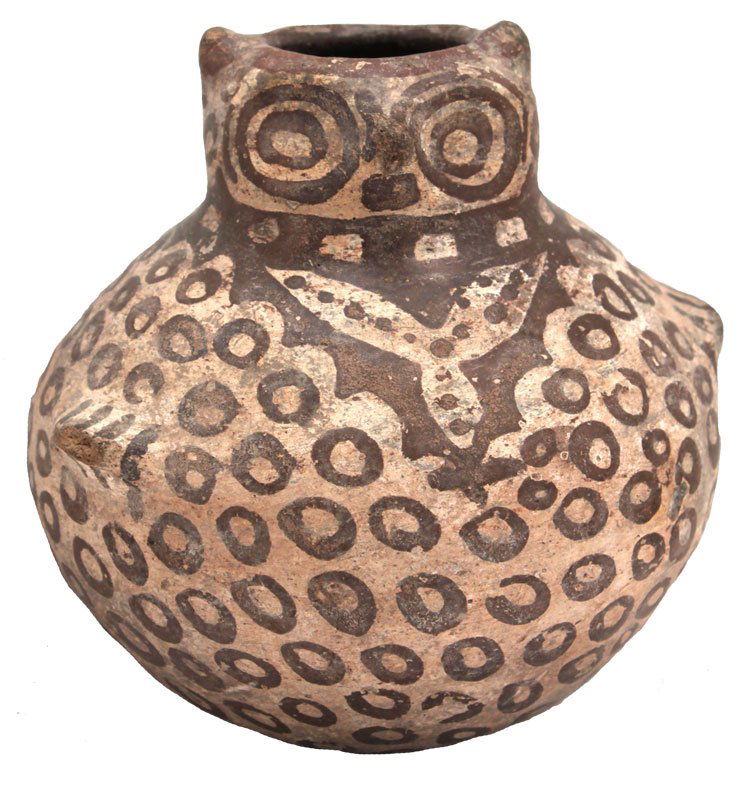 4" Very well-modeled owl effigy; redware with cream: 4" Very well-modeled owl effigy; redware with cream slip, brown painted features. Small wings, tail and ears. Worn but good. Nayarit. MX. 100 BC to 500 AD. 1986 Dockstader Appraisal. PreColumbian