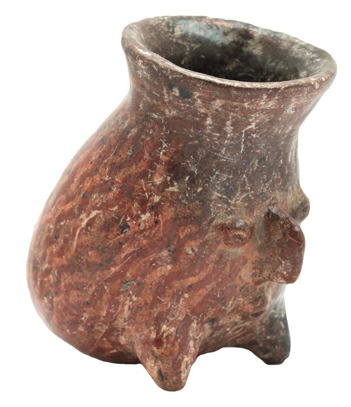 3 5/8" Modeled bird effigy with flaring spout opening: 3 5/8" Modeled bird effigy with flaring spout opening on head. Painted red and white zigzag lines. Probably Jalisco. Western MX. 1986 Dockstader Appraisal. PreColumbian