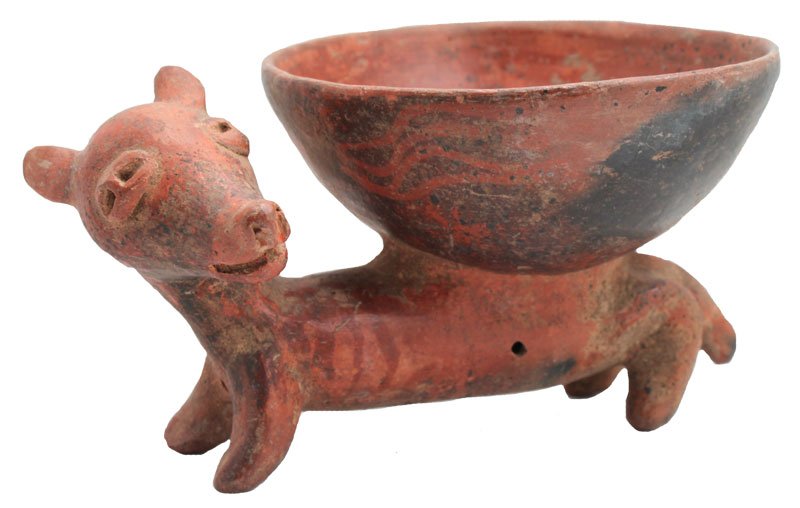 8 1/8" Unpainted Modeled Zoomorphic Effigy Vessel;: 8 1/8" Unpainted Modeled Zoomorphic Effigy Vessel; elongated animal with huge conical spout on back, flat rim. Worn. Nayarit. MX. 100 BC to 500 AD.. 1986 Dockstader Appraisal. PreColumbian