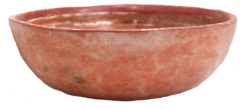 6 3/4" Shallow bowl, cream on redware. Exquisite: 6 3/4" Shallow bowl, cream on redware. Exquisite painted bird (crane) design on tondo; exterior plain cream slip. Light "scrape" on bottom, otherwise excellent. Morelos; Mexico. C.250 BC. 1986 Docksta