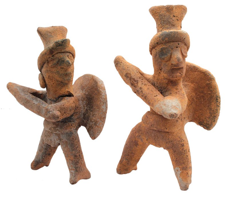 Set of 2 PreColumbian Figures. 4 1/2" Whistle figurine: Set of 2 PreColumbian Figures. 4 1/2" Whistle figurine standing with fan and bat. Yellow pigment present. Minor repair. 4 3/4" Whistle figurine standing with fan and bat. Yellow Pigment. Western MX. 1