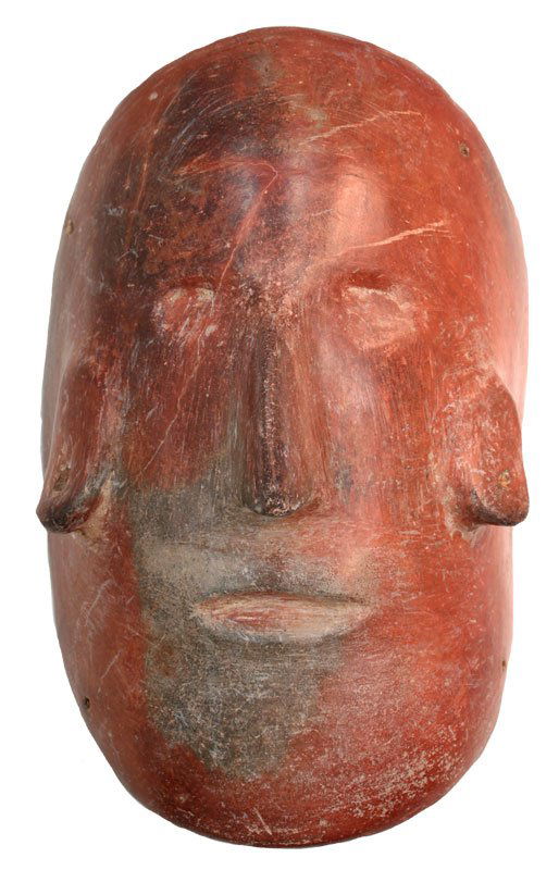 7 5/8" Oval Redware Mask. Colima. MX. 250 BC to 250: 7 5/8" Oval Redware Mask. Colima. MX. 250 BC to 250 AD. Very fine condition. 1986 Dockstader Appraisal. Riddick PreColumbian Collection