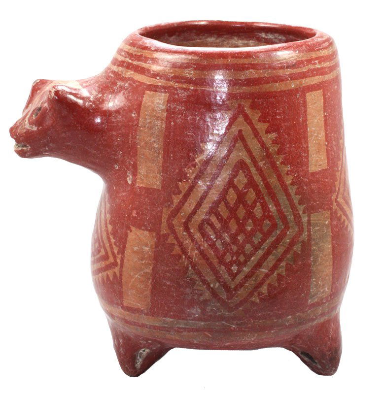 7 1/2" H. Chupicuaro Deep Tripod redware Effigy Bowl: 7 1/2" H. Chupicuaro Deep Tripod redware Effigy Bowl with slightly rounded bottom. Large serrate diamond design painted on back in cream. Small well-modeled head on tapering rim. Chupicuaro; Guanajuat