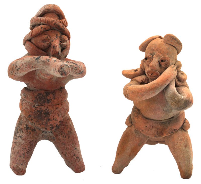 Two Solid Clay Figures. 3 5/8" and 4". Western: Two Solid Clay Figures. 3 5/8" and 4". Western Mexico. 250 BC to 250 AD. Detailed Applique. Riddick PreColumbian Collection