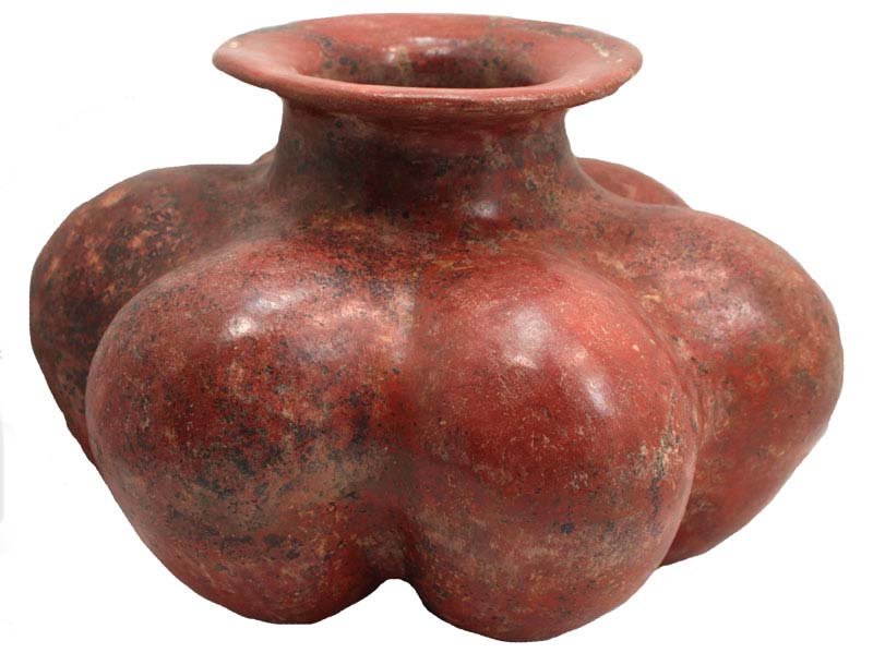 10" Guord-shaped Gadroon Vessel; 6 sectors around the: 10" Guord-shaped Gadroon Vessel; 6 sectors around the sides. Burnished redware surface. Good; slight surface wear. Colima, MX. 250 BC to 250 AD. 1986 Dockstader Appraisal. PreColumbian
