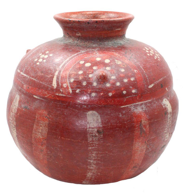 8 1/2" Globular burnished redware bowl; composite form: 8 1/2" Globular burnished redware bowl; composite form with two joined forms, short flaring rim. Painted vermillion and white; three small nodes in arcs and long white lines. Base chipped, surface wor