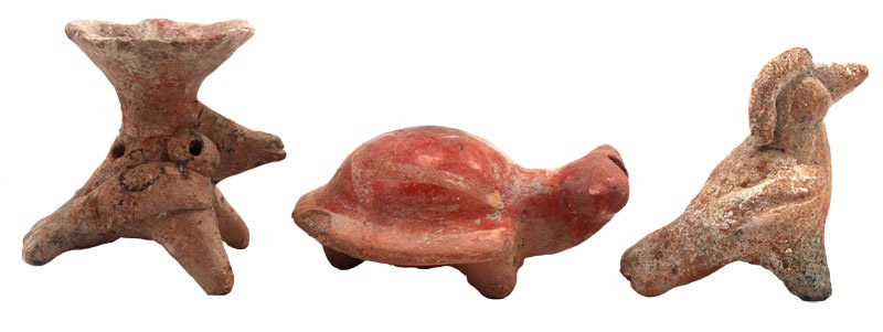 3 Animal Effigy Pottery Whistles. 2 1/4" to 3".: 3 Animal Effigy Pottery Whistles. 2 1/4" to 3". Animal with flared top is glued. Rare painted Turtle Effigy and a Bird Effigy