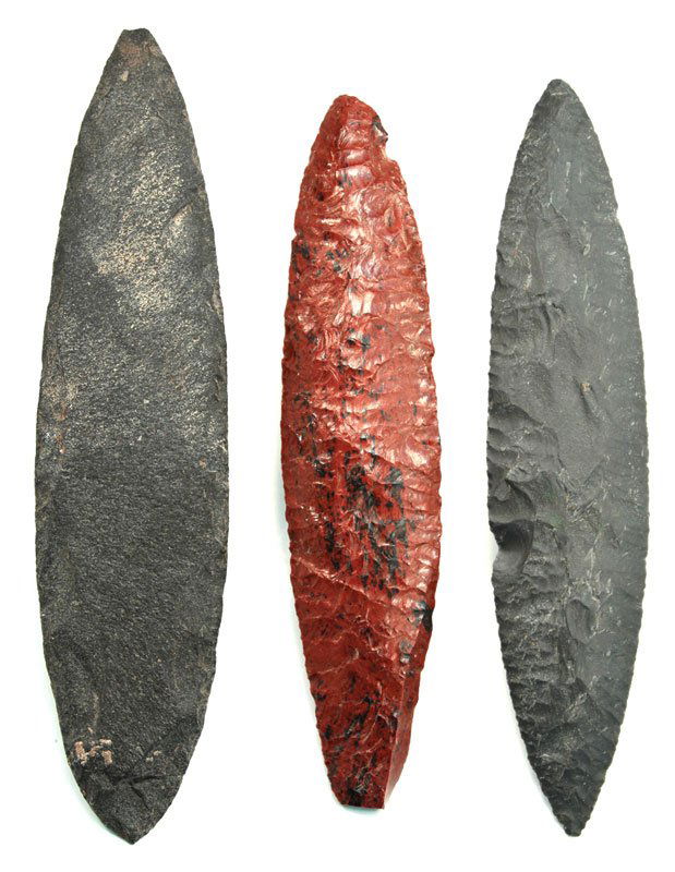 3 Mexican Blades: 3 very nice Pre-Columbian Blades. All collected by Dr. Riddick in the 1960's. Western Mexico. 1. 7 1/2" Smooth Face Bi-Point Blade. Dull black volcanic stone. 2. 6 5/8" Mahogany Obsidian Blade. 3. 7"