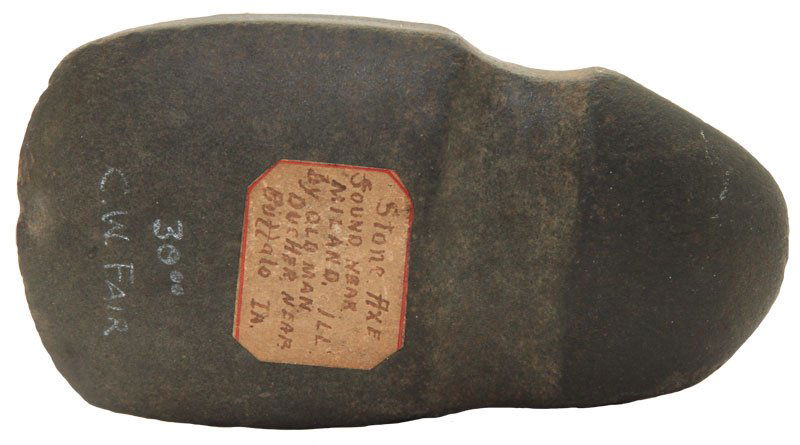 4 1/2" Half Groove Axe. Miland, IL. Ex-C.W. Fair.: 4 1/2" Half Groove Axe. Miland, IL. Ex-C.W. Fair. Found by "Old Man Ducher". Thin, very well made Axe. Dark brown hardstone