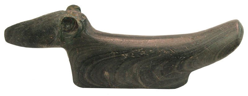 4" Slate Popeyed Birdstone. Hillsdale Co., MI.: 4" Slate Popeyed Birdstone. Found in Hillsdale Co., MI. T-4500. Ex-Roger Mayne, Dudley Bravard, Jim Ritchie. Pictured in 1978 Artifacts (#1, p17, color). Both eyes restored, holes intact