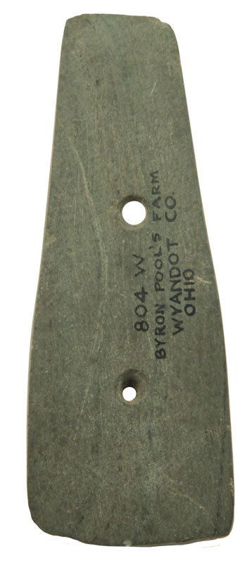 4 1/2" Slate Gorget. Wyandot Co, OH. Ex-Wehrle: 4 1/2" Slate Gorget. Wyandot Co, OH (Byron Pool farm). Back corner damaged. Ex-Wehrle (804-W)