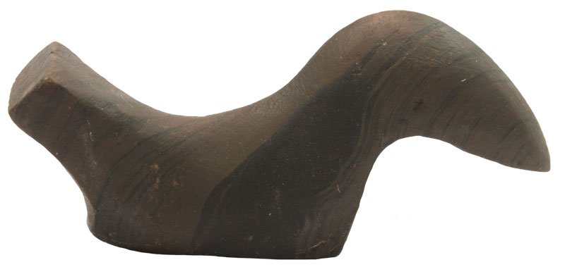 3 1/2" Slate Birdstone. Franklin Co, OH. Pictured in: 3 1/2" Slate Birdstone. Franklin Co, OH. T-5152. Ex-Cameron Parks, Ladow Johnson. Pictured in 1970's Parks photo in Legends II (p80). Very good condition, holes intact