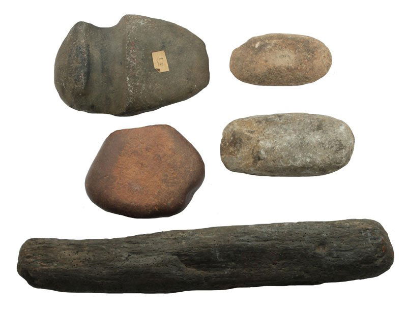 Group of 5 Stone Relics. Petrified Wood Roller Pestle: Group of 5 Stone Relics. Petrified Wood Roller Pestle is 14" (not pictured in auction catalog)