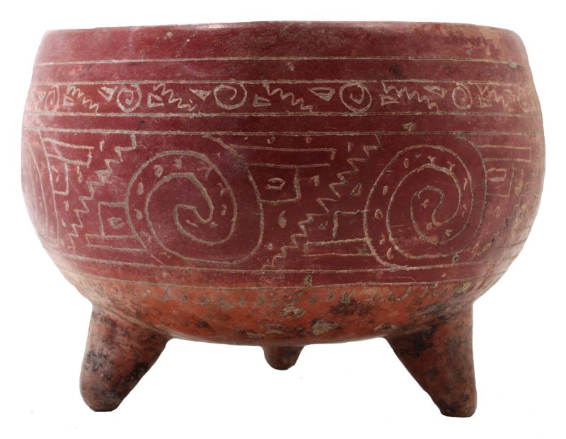 4 5/8" D. Convex Tripod Bowl. Incised stepped scroll: 4 5/8" D. Convex Tripod Bowl. Incised stepped scroll design in wide band around sides. Very fine condition. Rare Axtec offering. Mexico. PreColumbian. 1986 Appraisal by Dr. Frederick Dockstader