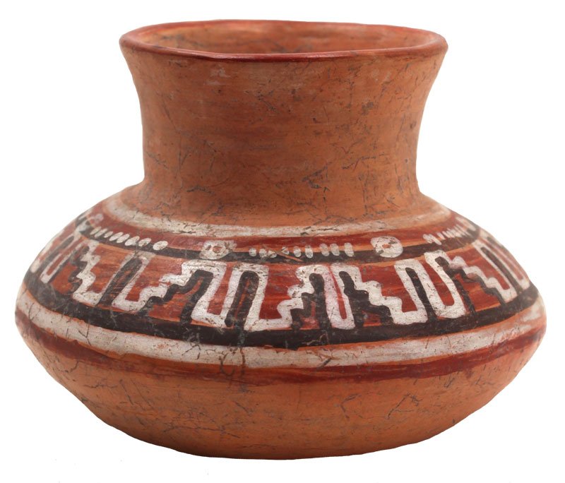 4" D. Flared Neck Jar. Fine white and dark brown on: 4" D. Flared Neck Jar. Fine white and dark brown on deep red-brown step design. Ticoman. MX. 500 BC - 1000 AD. PreColumbian. Copy of Dockstader's 1986 Appraisal included.