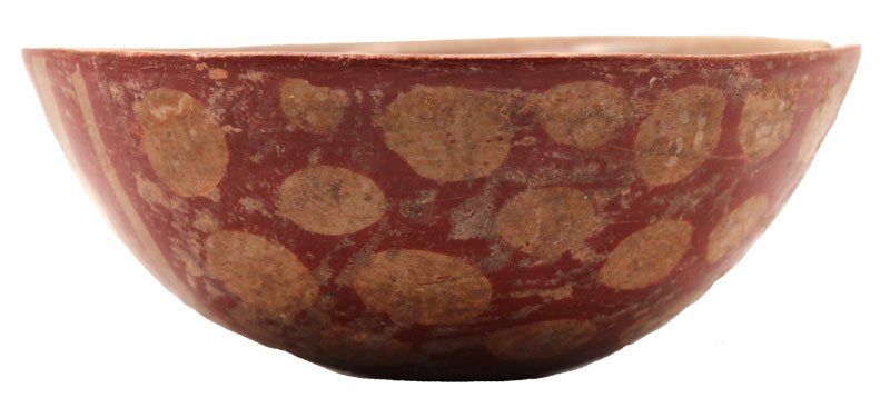 4 7/8" Half Round "Rice Bowl" with red on cream: 4 7/8" Half Round "Rice Bowl" with red on cream exterior design. Plain cream slip interior on this egg shell thin example. Nayarit. MX. 100 BC to 500 AD. PreColumbian. Riddick Collection