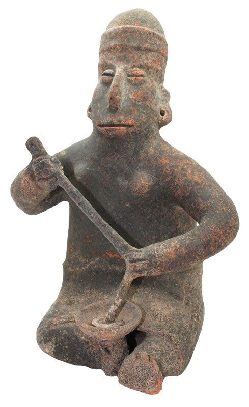 Large 11 3/4" H. modeled redware figurine of a woman: Large 11 3/4" H. modeled redware figurine of a woman wearing a textile headband and short skirt while holding a short spindle, yarn and spinning bowl. Heavy magnesite deposits on surface. Solid, very
