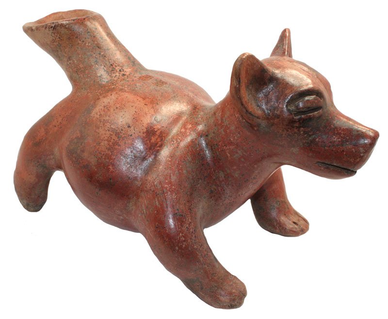 11 3/4" L. Burnished Redware Techichi with round fat: 11 3/4" L. Burnished Redware Techichi with round fat belly. Incised eyes and mouth. Colima. 500 BC to 500 AD. 1986 Appraisal by Dr. Frederick Dockstader