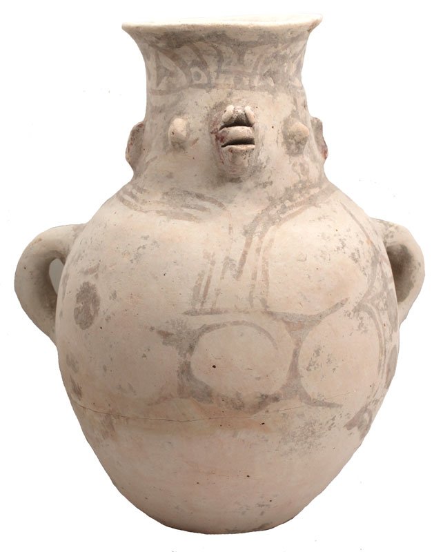 10" H. Effigy Olla. Chancay. 1200 AD - 1400 AD.: 10" H. Effigy Olla. Chancay. 1200 AD - 1400 AD. Peru. Chalky white surface with remnants of black negative decorations. Bottom has been glued. From the Riddick Peruvian Collection. PreColumbian