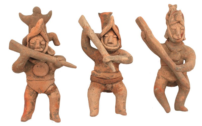 Three superb Warrior Figurines holding weapons. Very: Three superb Warrior Figurines holding weapons. Very good condition. 5 3/4" to 6 1/4" H. Tip on one club glued. Colima. PreColumbian. Mexico. 500 BC to 500 AD