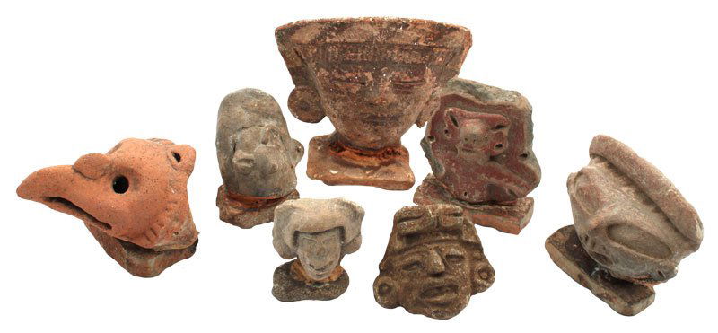 Group of eight pottery objects in various conditions.: Group of eight pottery objects in various conditions. PreColumbian. Ex-Riddick Collectoin