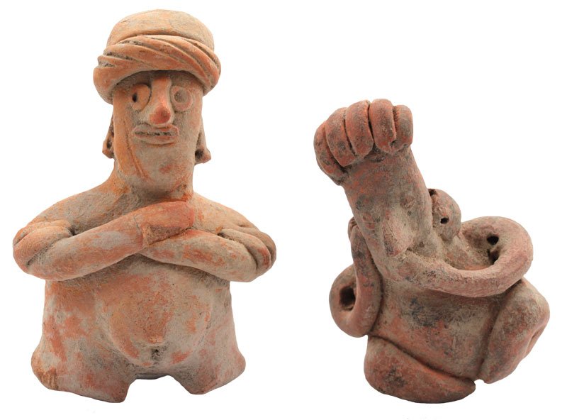 Two Pottery Figures. 2 1/4" - 3 1/4". Solid, very: Two Pottery Figures. 2 1/4" - 3 1/4". Solid, very good condition. Colima. PreColumbian. Mexico. 500 BC to 500 AD