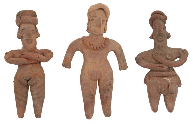 Group of three Terracotta Figurines. 4"-4 3/8".: Group of three Terracotta Figurines. 4"-4 3/8". Various styles, all in very fine condition. Colima. PreColumbian. Mexico. 500 BC to 500 AD