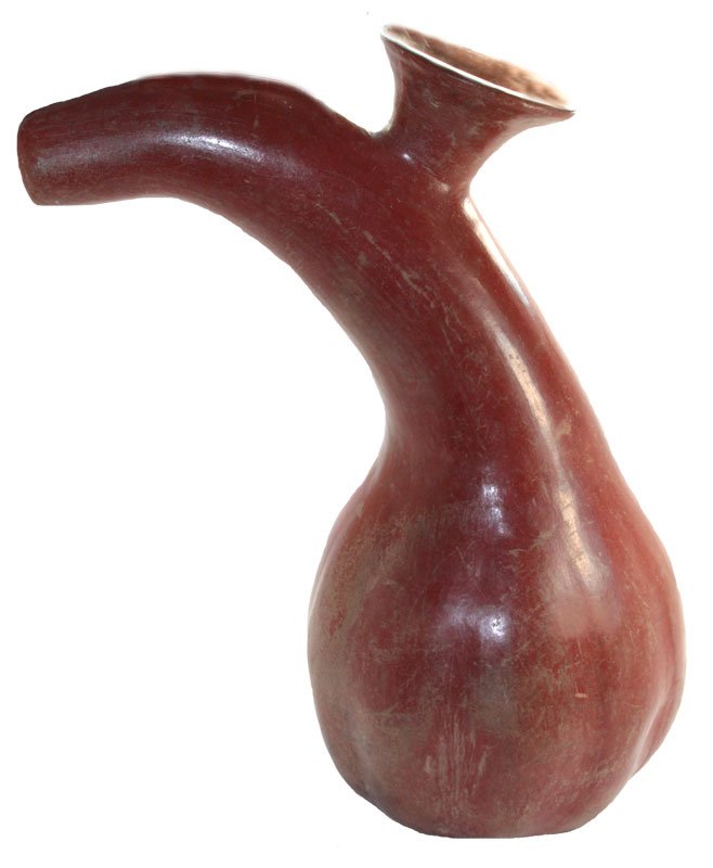Large (12 1/2" L.) Gourd Effigy Vessel. Polished: Large (12 1/2" L.) Gourd Effigy Vessel. Polished redware. Fluted sides with long curving neck. In very fine condition. A copy of Dr. Frederick Dockstader's 1986 Appraisal accompanies this piece. Colim