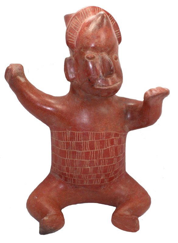 Classic Colima Seated Figure. 14 1/2" H. Incised,: Classic Colima Seated Figure. 14 1/2" H. Incised, "quilted" shirt. Well formed head and features. Burnished redware. May have some pressure crack repair, otherwise a superb example of this iconic form