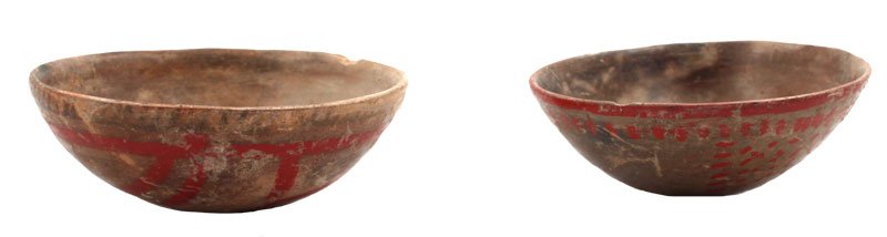 2 PreColumbian "Rice Bowls". 3 3/8" Small half-round: 2 PreColumbian "Rice Bowls". 3 3/8" Small half-round "rice bowl" with red on gray exterior in quartered dots; interior plain gray. 3 3/4" "rice bowl" with detailed paint. Delicate. Nayarit. MX. 100 BC