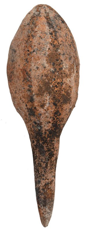 6" Clay rattle. Striped black on cream. Rough surface.: 6" Clay rattle. Striped black on cream. Rough surface. Wore, paint faded. 1986 Dockstader Appraisal. PreColumbian. MX