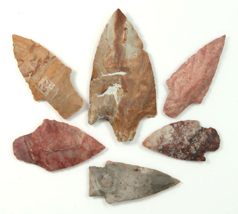 6 colorful Stemmed Points. AR/MO. 1 7/8"-3 1/8".: 6 colorful Stemmed Points. AR/MO. 1 7/8"-3 1/8". Hathcock