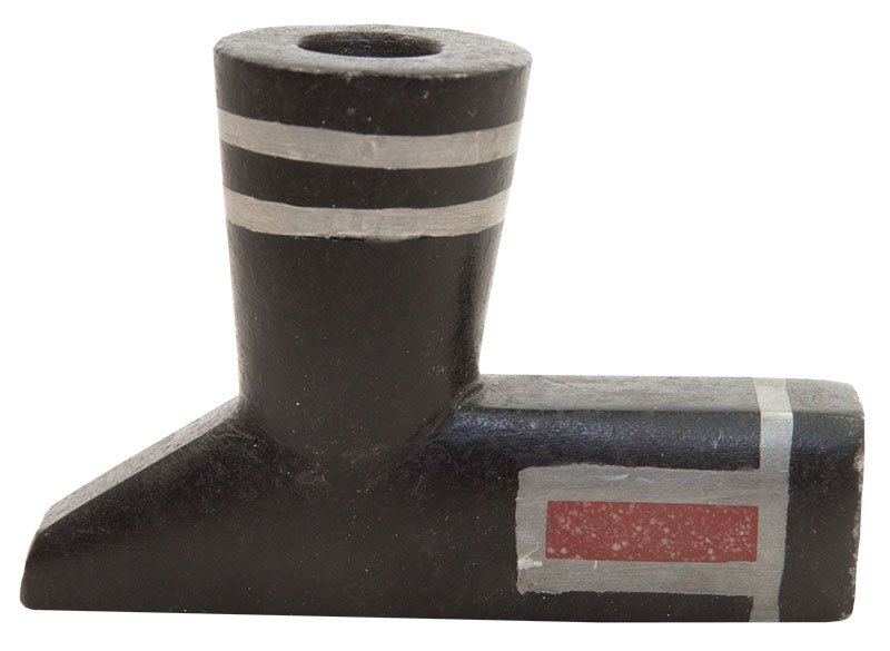 3 9/16" Steatite Pipe with Lead Inlay. 21" Wood Stem: 3 9/16" Steatite Pipe with Lead Inlay. 21" Wood Stem with paint remnants. MN Collection. Ojibwa. Circa 1880-1940