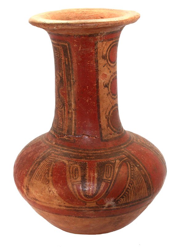 14 1/2" H. Coclé Waterbottle. Panama. Pre-Columbian.: 14 1/2" H. Coclé Waterbottle. Panama. 400-600 AD. Neck glued. Pre-Columbian. Sam Johnson