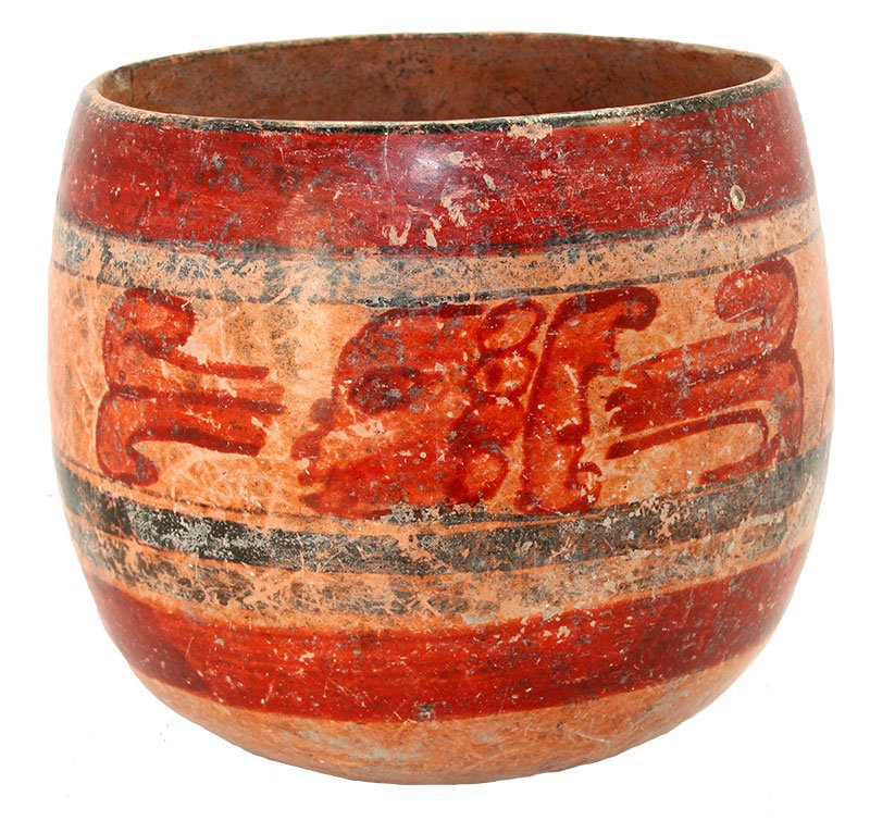 7" D. Mayan Glyph Bowl. Central America. Detailed: 7" D. Mayan Glyph Bowl. Central America. Detailed paint. Solid, very slight pressure cracks. Pre-Columbian. Sam Johnson