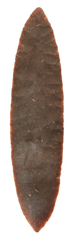 9 5/8" Ceremonial Bi-Point Blade. Mexico City.: 9 5/8" Ceremonial Bi-Point Blade. Mexico City. Semi-translucent brown chert. Ex-Earl Townsend, Collins B. Allen. Very well made, thin. Pictured in Earl Townsend's June 2012 Sale Catalog