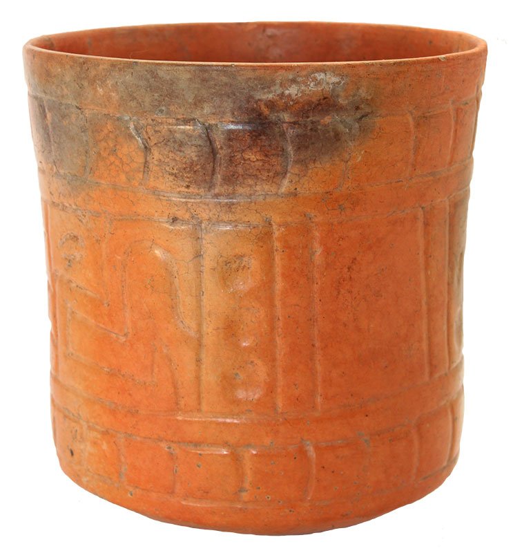 6 1/8" H. Mayan Cylinder with relief designs. Central: 6 1/8" H. Mayan Cylinder with relief designs. Central America. Pressure crack. 400-600 AD. Pre-Columbian. Sam Johnson