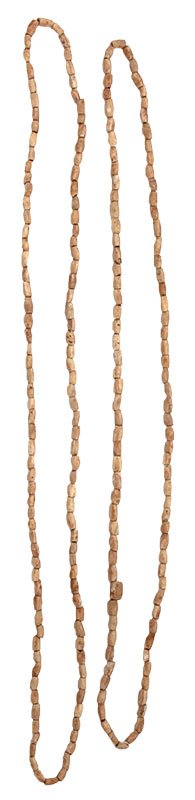Two Polished Shell Bead Necklaces (38" & 41"). Spiro: Two Polished Shell Bead Necklaces (38" & 41"). Spiro Mound. Le Flore Co, OK. Acquired from Gilbert Dilley's Grandson, these Beads were a part of the Dilley's Spiro display for decades.