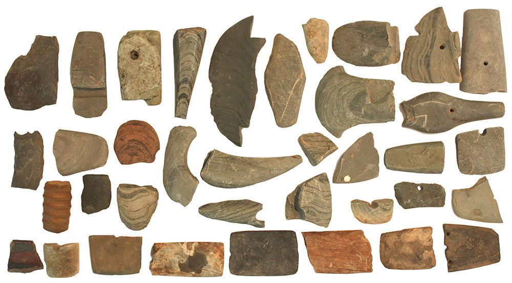 Group of 38 broken Slate Artifacts (1 1/4"-5").: Group of 38 broken Slate Artifacts (1 1/4"-5"). Bannerstones, Pendants, Gorgets. Great study examples