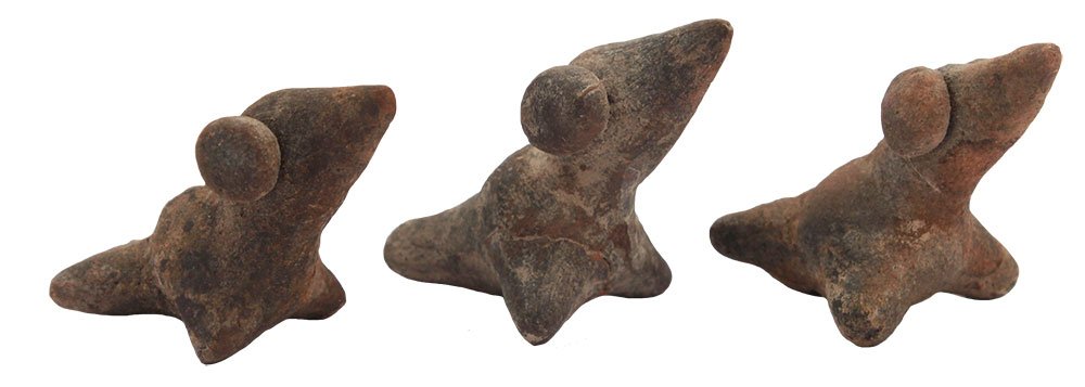 Group of 3 Matching Bird Effigy Pottery Whistles.: Group of 3 Matching Bird Effigy Pottery Whistles. Longest is 2". Peru. Excellent condition. From the Pre-Columbian art collection of Dr. Earl Riddick