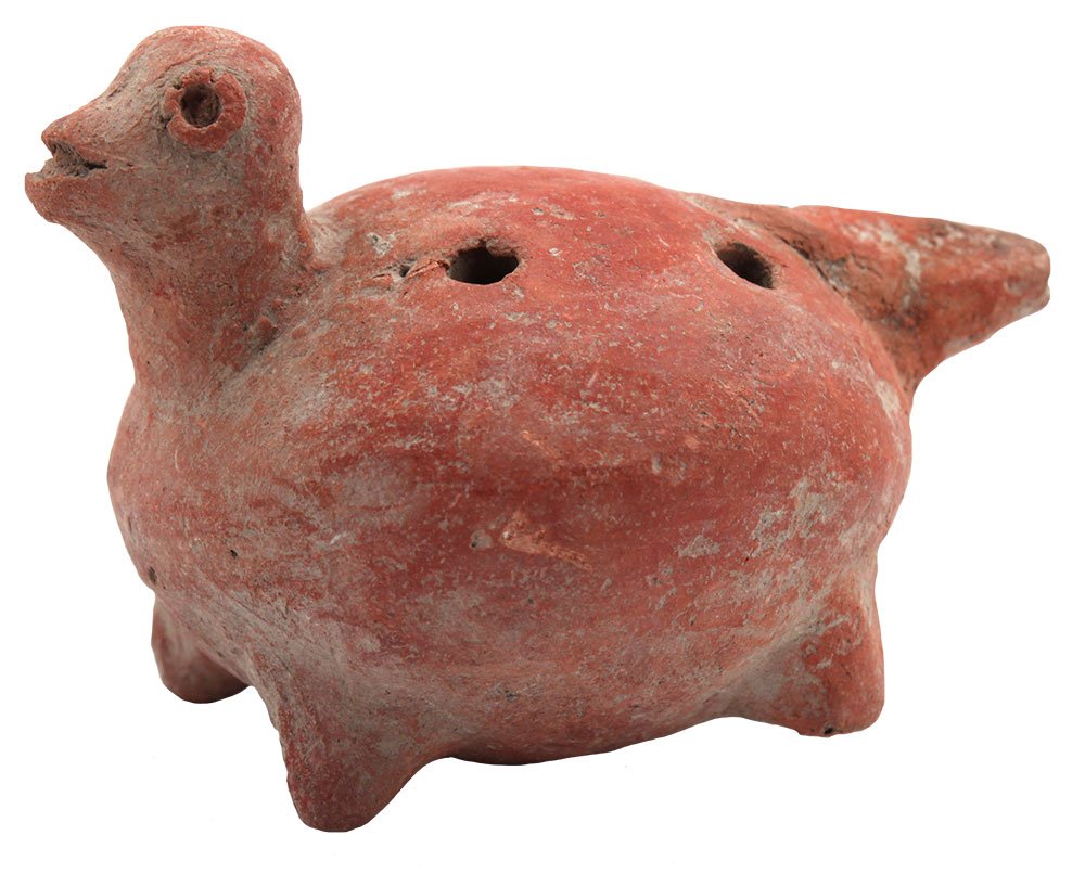 4 1/4" L. Bird Effigy Whistle.  Mexico. Red paint. (1 of 2)