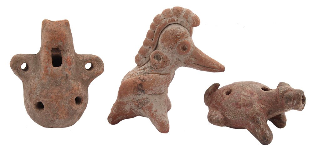 3 Clay Effigy Whistles. Largest 2 1/2" H.  Colima. (1 of 2)