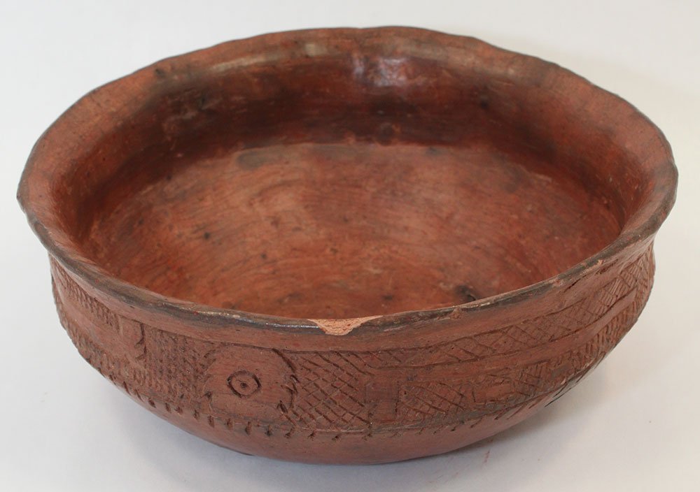 5 3/8" W. Incised Bowl. Provenance unkown.: 5 3/8" W. Incised Bowl. Provenance unkown. Interesting, reddish orange example. Restored
